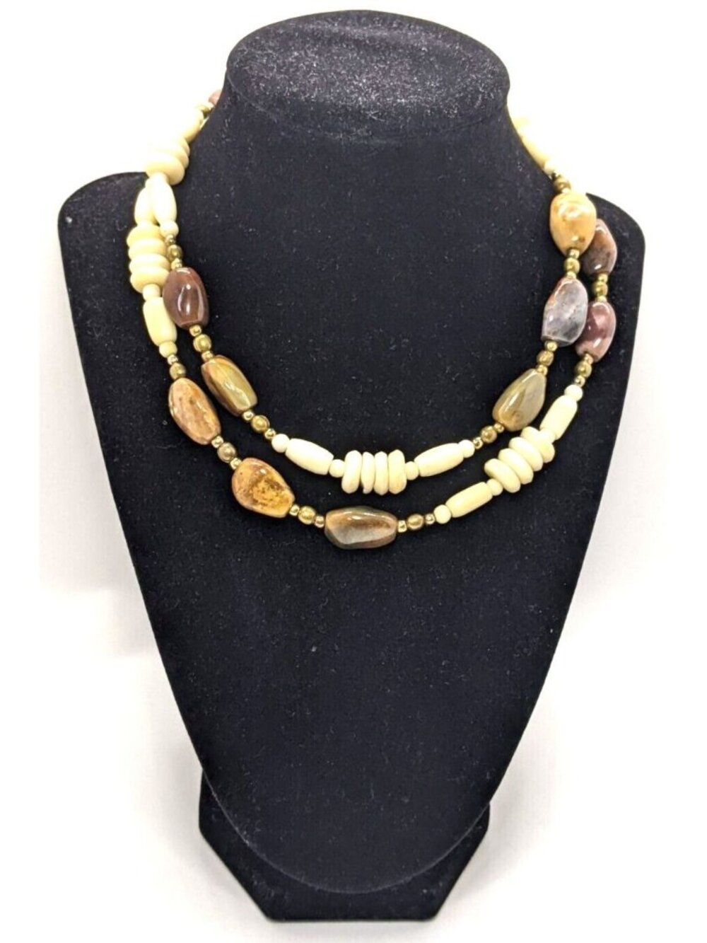 Agate Beggar Beads Necklace Natural and Acrylic Beads Gold Tone Spacers 32" Vtg